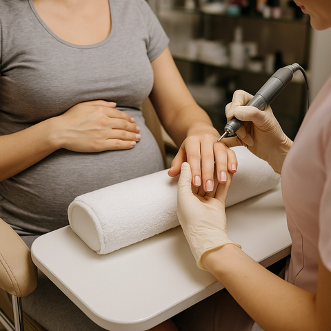Stylizacja paznokci w ciąży Stylizacja paznokci u kobiety w ciąży – bezpieczny manicure wykonywany w salonie kosmetycznym.